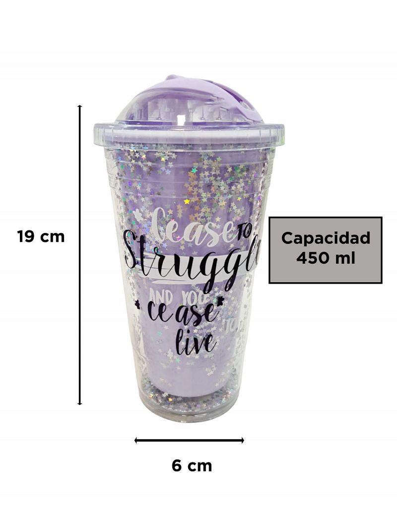 VASO PLASTICO DOBLE C/SORBETE Y GLITTER 450ML