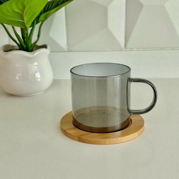 TAZA VIDRIO TORNASOLADO C/ PLATO Y CUCHARA